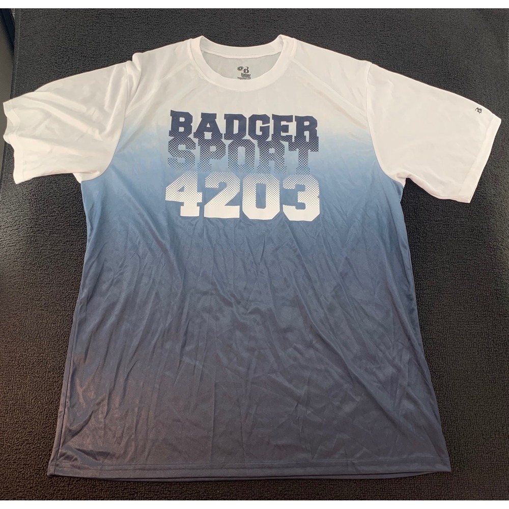 Badger Sport 4203 Men's T-Shirt White Blue Ombre‎ Athletic Short Sleeve Size L